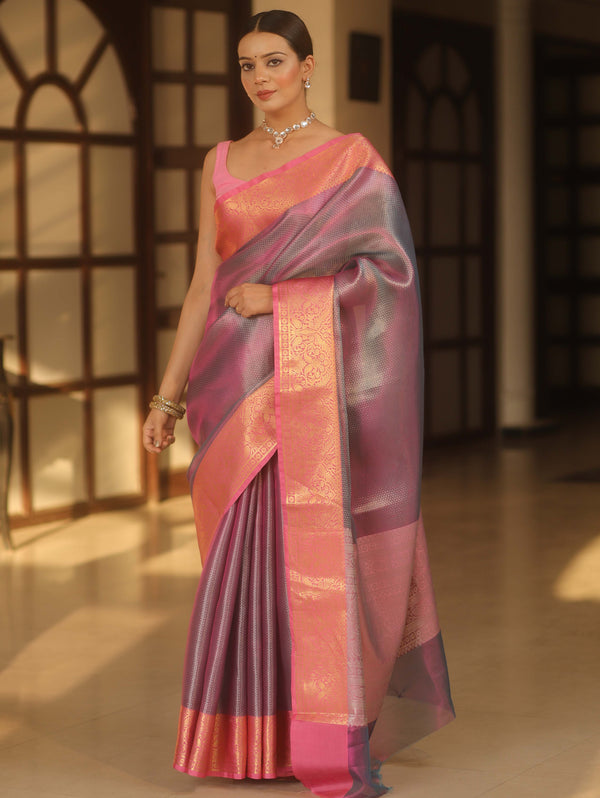 Banarasee Handwoven Tissue Zari Saree With Contrast Broder-Blue & Pink (Dual Tone)