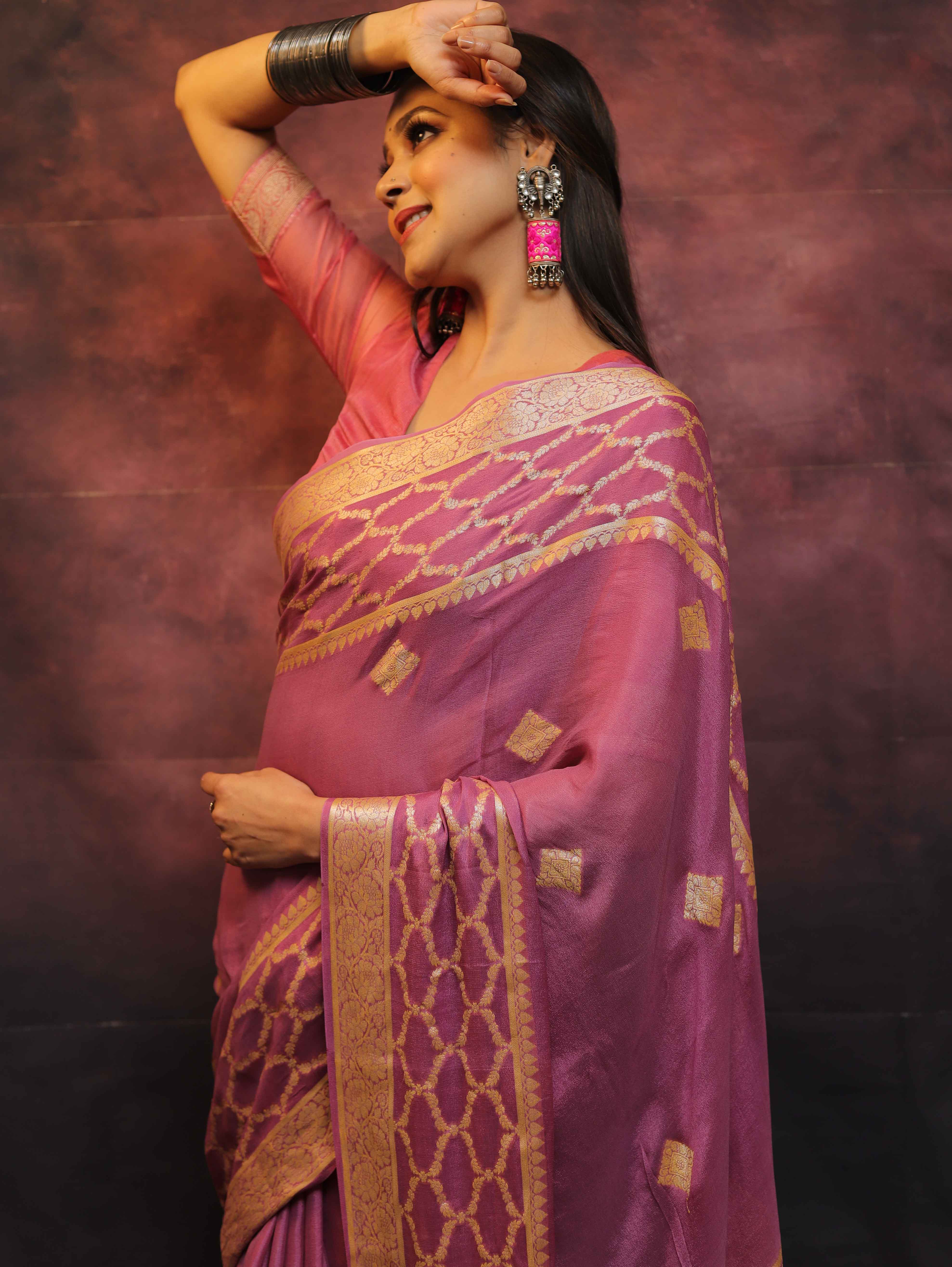 Banarasee Handwoven Pure Chiffon Sari With Zari Work-Onion Pink