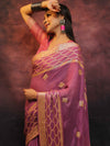Banarasee Handwoven Pure Chiffon Sari With Zari Work-Onion Pink