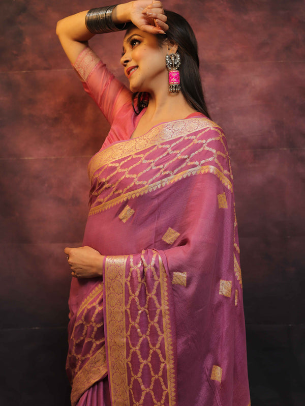 Banarasee Handwoven Pure Chiffon Sari With Zari Work-Onion Pink
