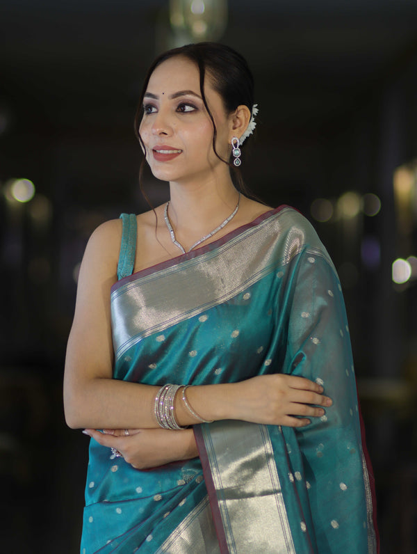 Banarasee Handloom Tissue Saree With Zari Buti Design & Border-Light Green