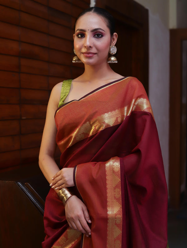 Banarasee Cotton Silk Saree With Gold Zari Border & Contrast Pallu-Burgundy & Green