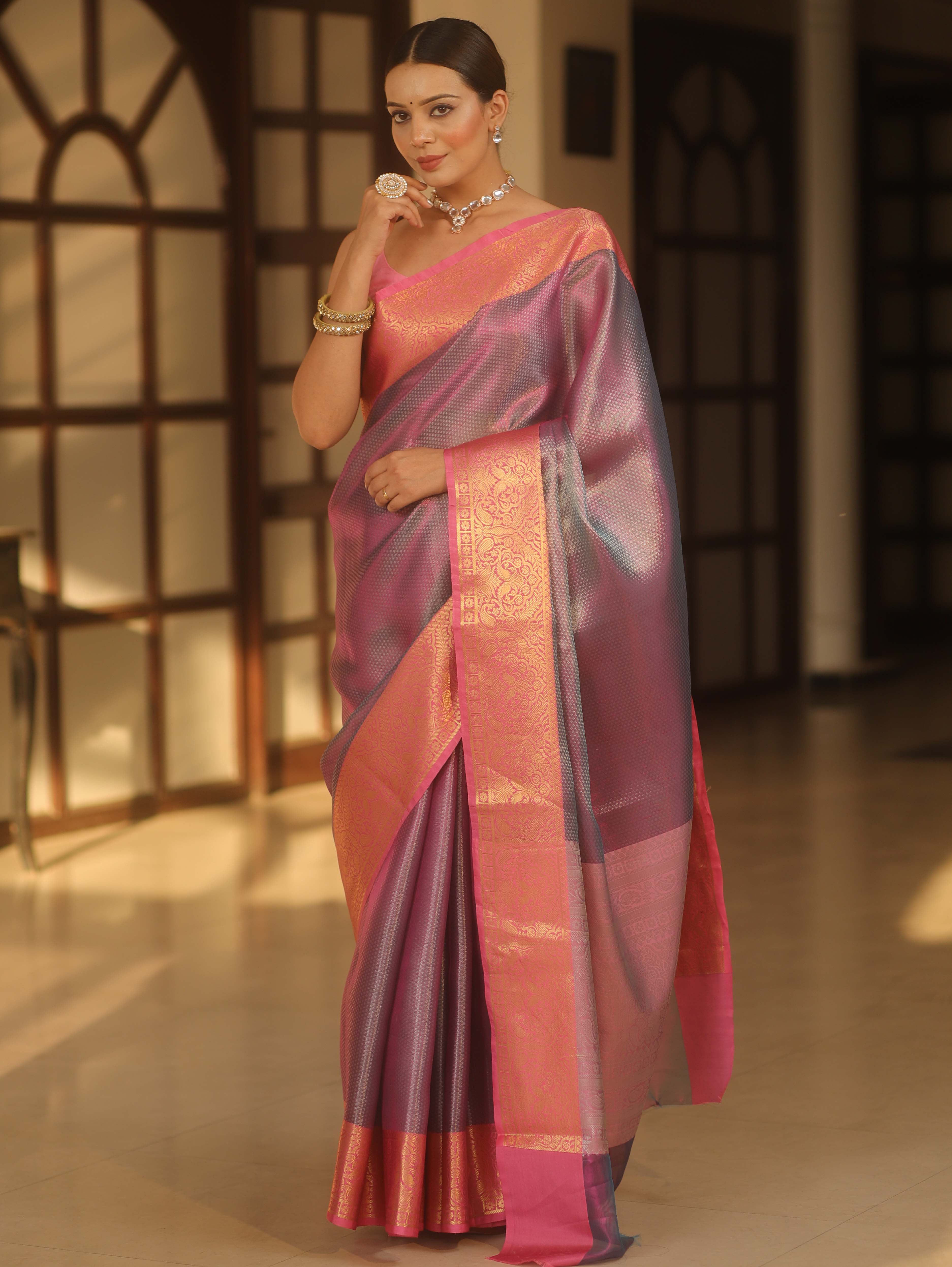Banarasee Handwoven Tissue Zari Saree With Contrast Broder-Blue & Pink (Dual Tone)