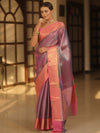 Banarasee Handwoven Tissue Zari Saree With Contrast Broder-Blue & Pink (Dual Tone)