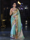 Banarasee Kota Checks Tissue Saree With Zari & Thread Embroidery & Contrast Border-Mint Green & Light Pink