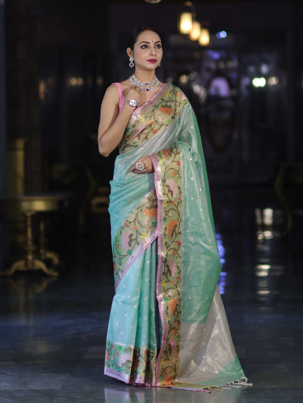 Banarasee Kota Checks Tissue Saree With Zari & Thread Embroidery & Contrast Border-Mint Green & Light Pink