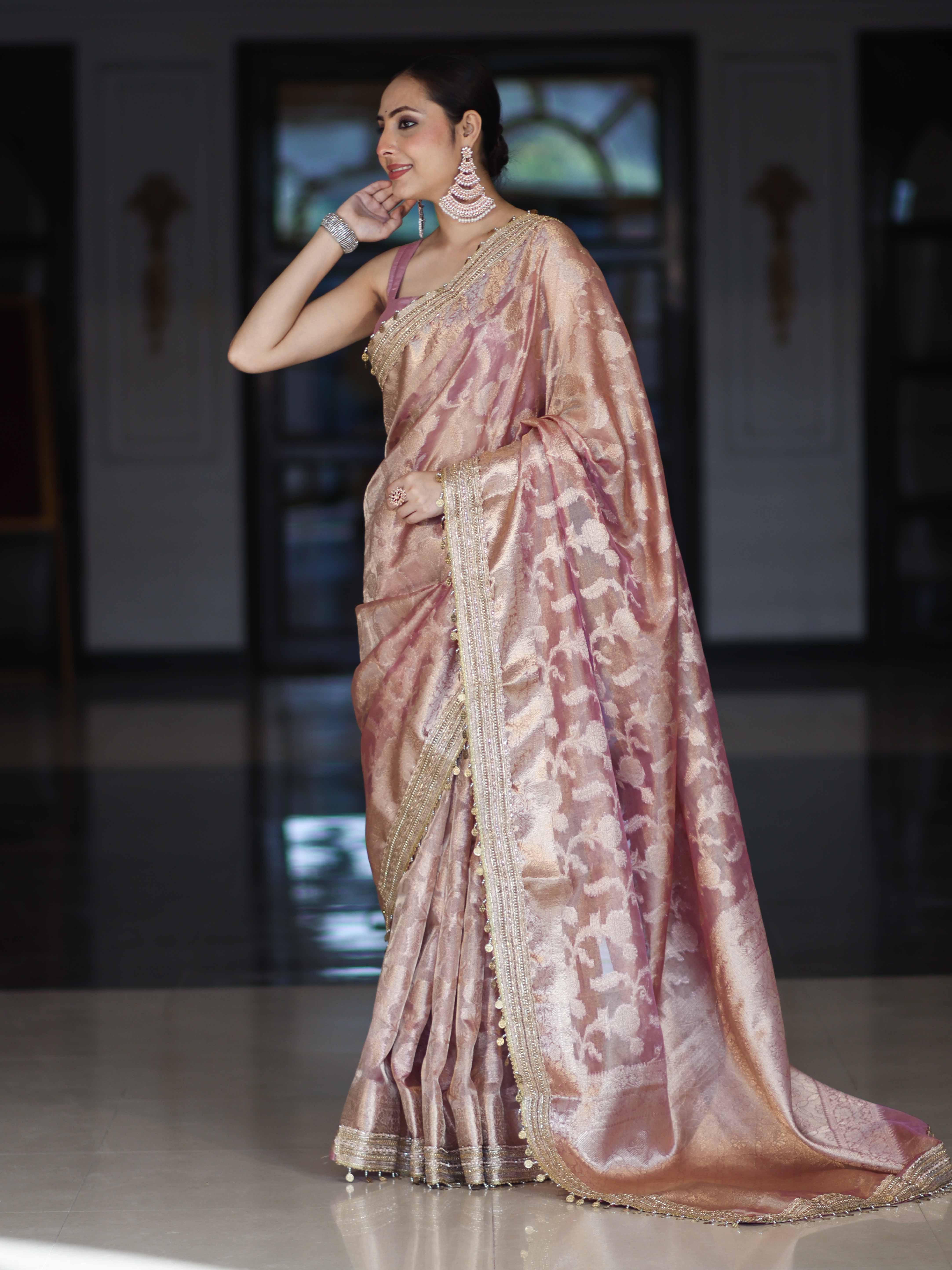 Banarasee Handwoven Tissue Saree With Zari Jaal Work Border & Lace-Onion Pink