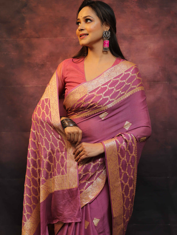 Banarasee Handwoven Pure Chiffon Sari With Zari Work-Onion Pink