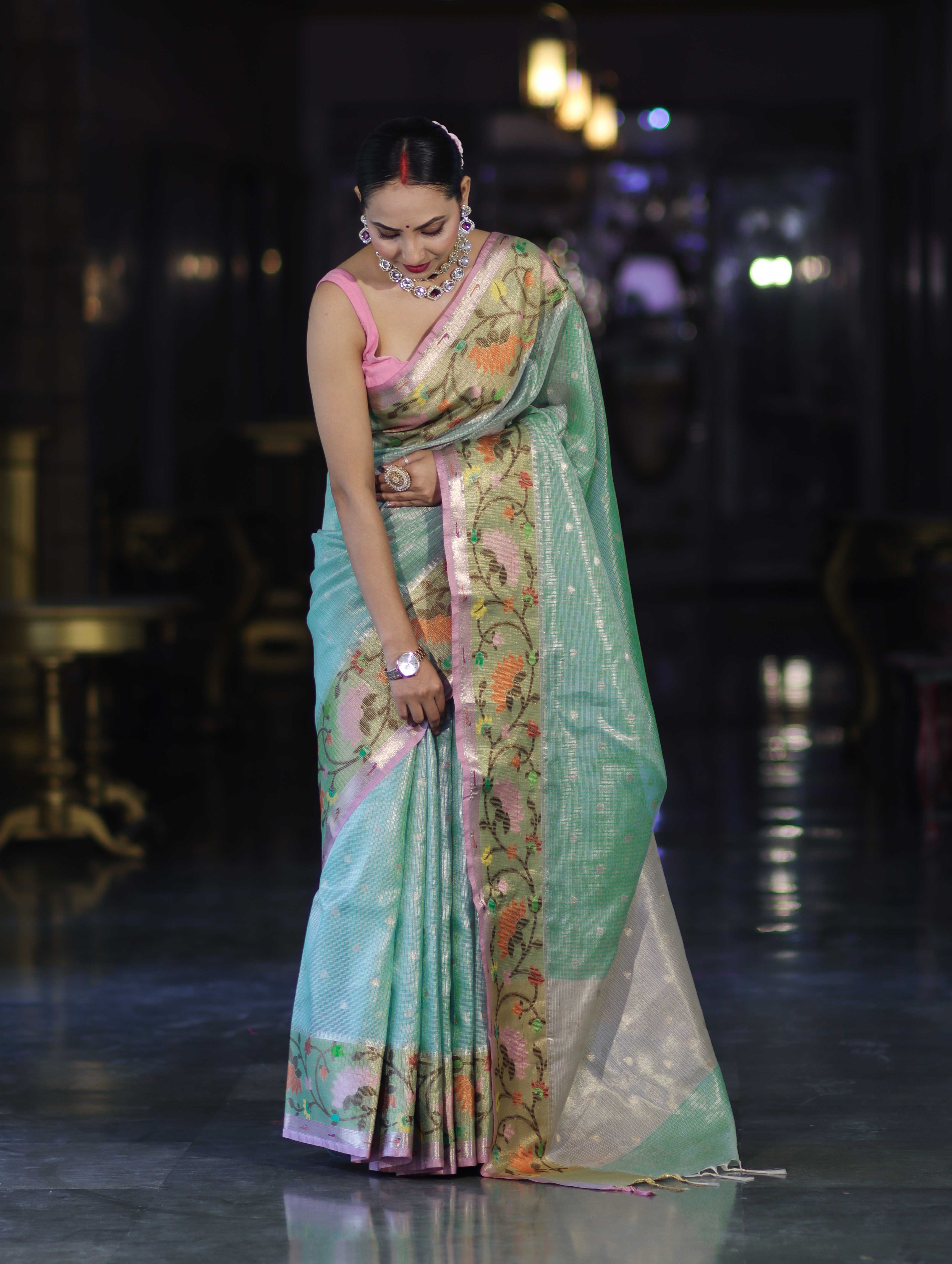 Banarasee Kota Checks Tissue Saree With Zari & Thread Embroidery & Contrast Border-Mint Green & Light Pink