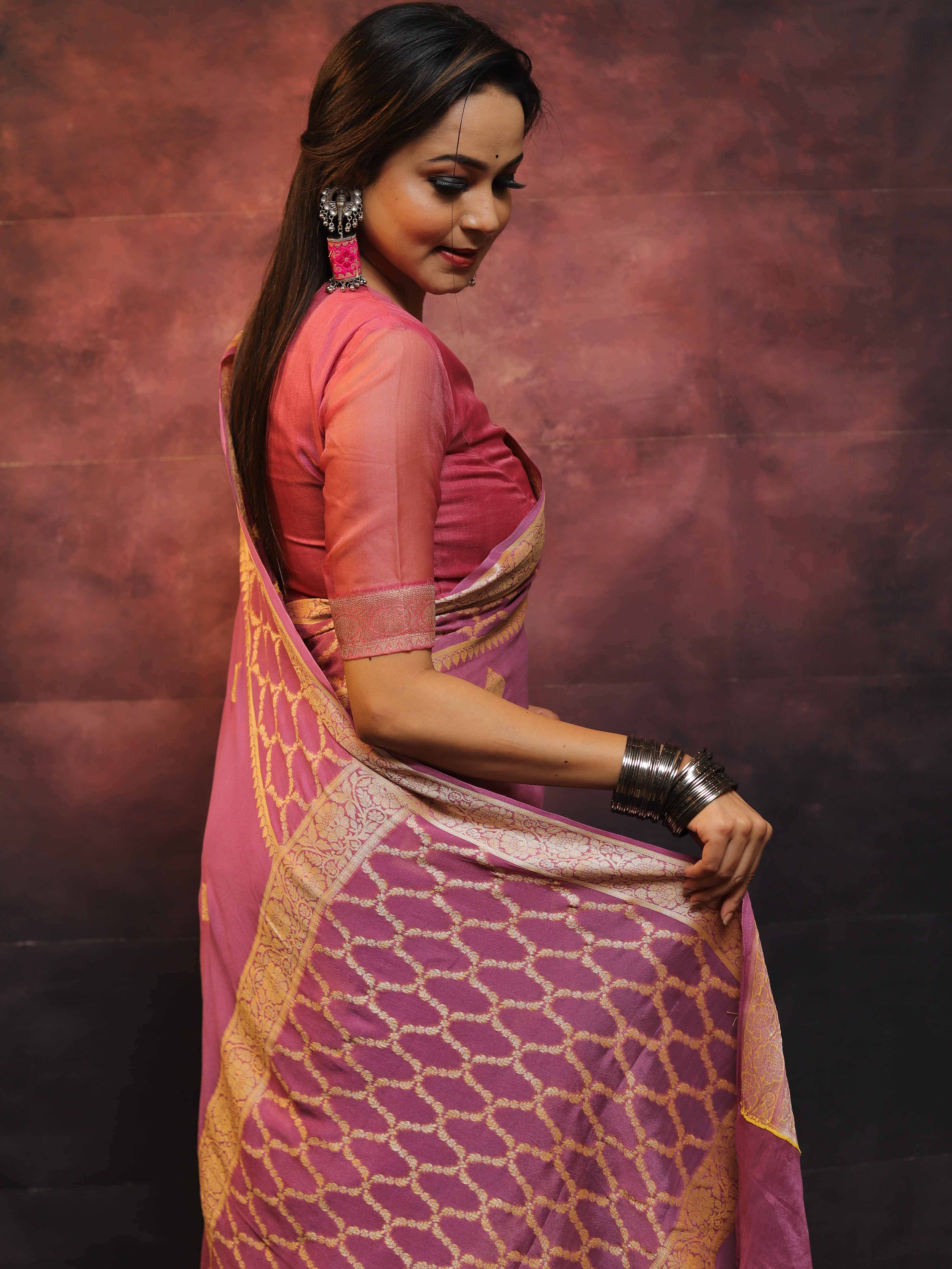 Banarasee Handwoven Pure Chiffon Sari With Zari Work-Onion Pink
