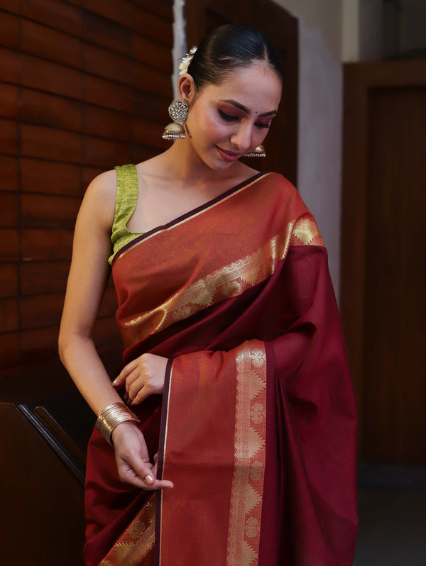 Banarasee Cotton Silk Saree With Gold Zari Border & Contrast Pallu-Burgundy & Green