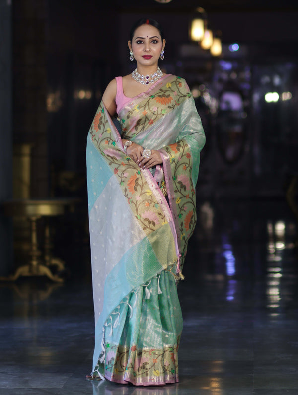 Banarasee Kota Checks Tissue Saree With Zari & Thread Embroidery & Contrast Border-Mint Green & Light Pink