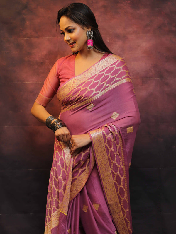 Banarasee Handwoven Pure Chiffon Sari With Zari Work-Onion Pink