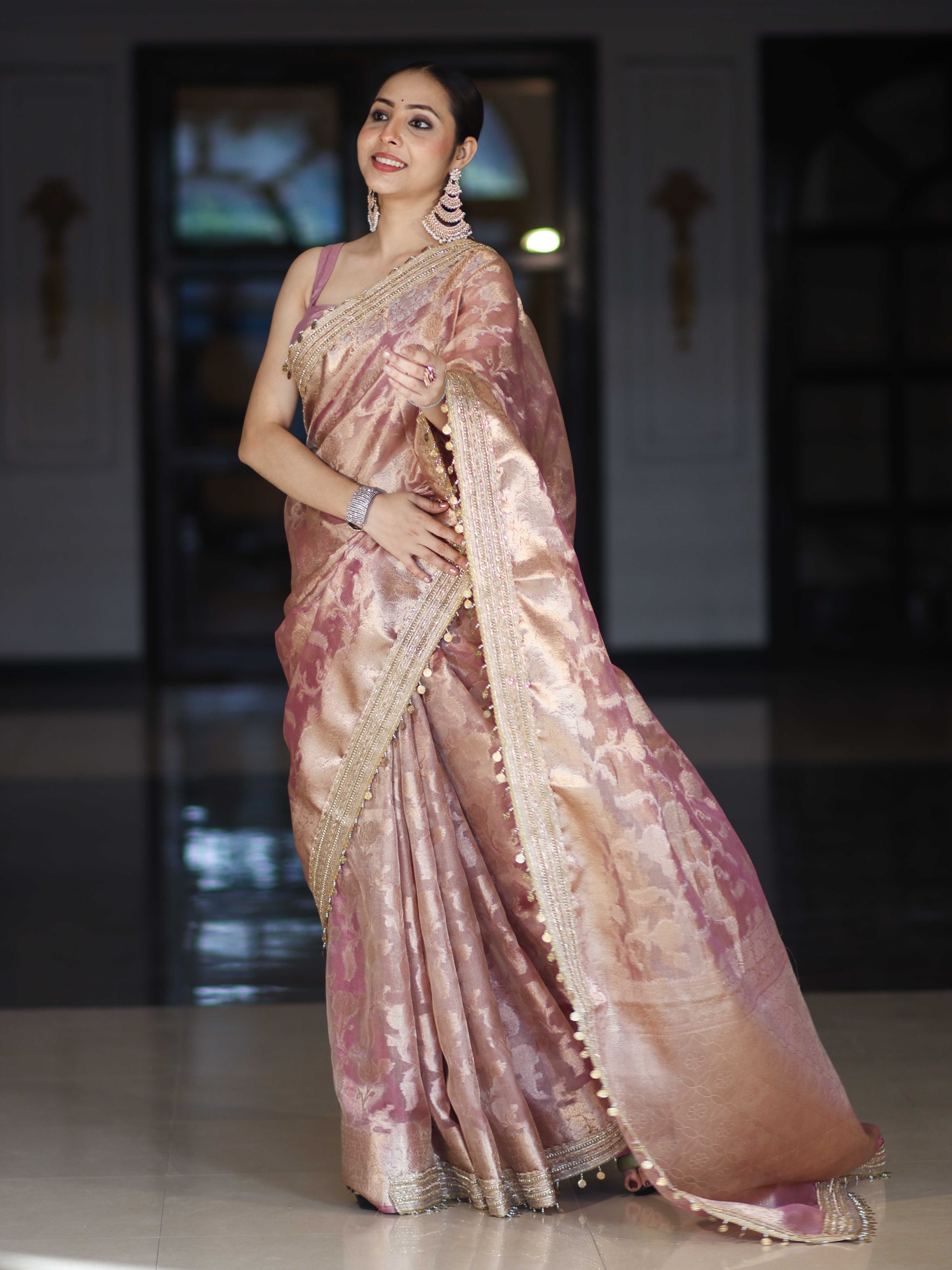 Banarasee Handwoven Tissue Saree With Zari Jaal Work Border & Lace-Onion Pink