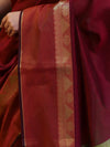 Banarasee Cotton Silk Saree With Gold Zari Border & Contrast Pallu-Burgundy & Green