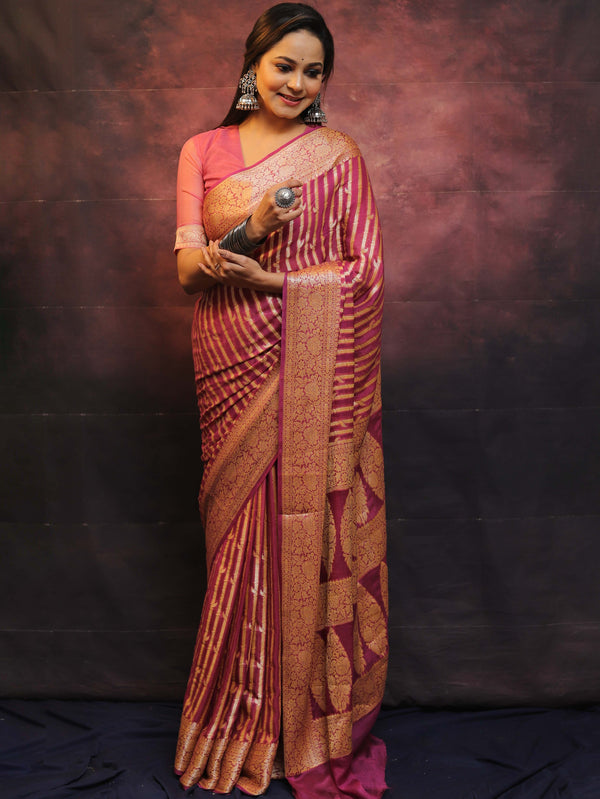 Banarasee Pure Chiffon Saree With Zari Work-Onion Pink