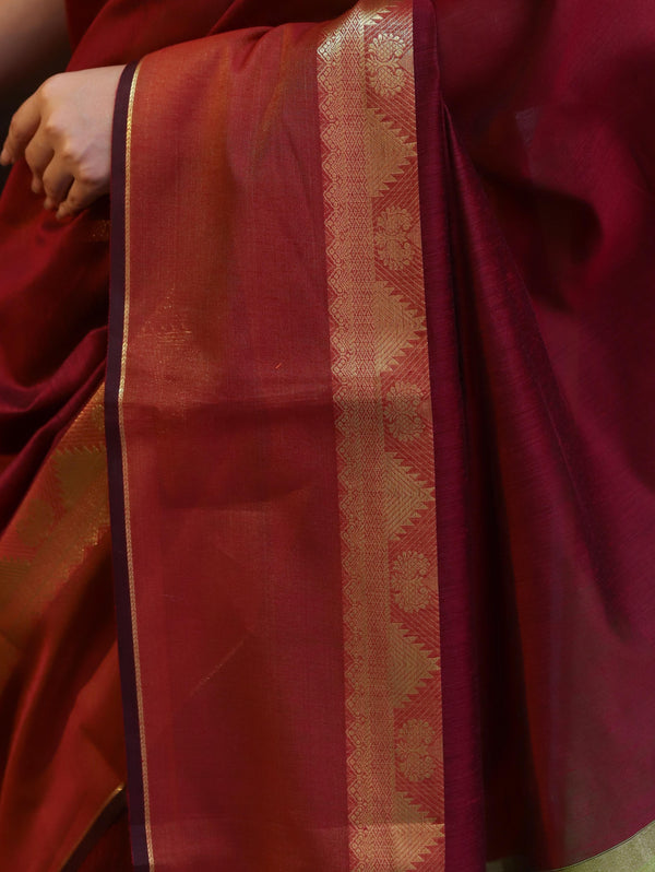 Banarasee Cotton Silk Saree With Gold Zari Border & Contrast Pallu-Burgundy & Green