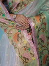Banarasee Kota Checks Tissue Saree With Zari & Thread Embroidery & Contrast Border-Mint Green & Light Pink