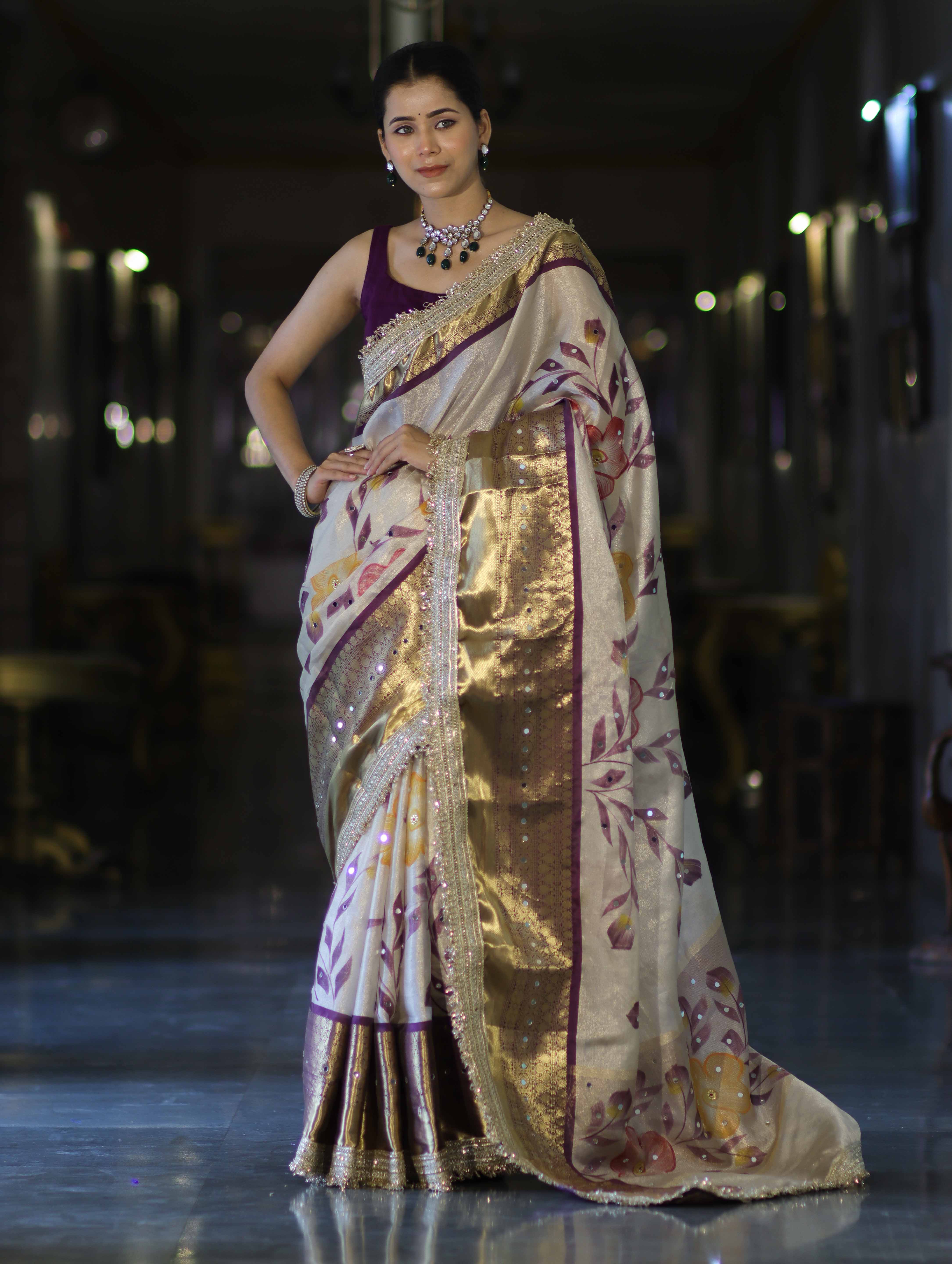 Banarasee Tissue Hand Embroidered Mirror Work Saree With Digital Prints & Lace-Cream & Purple