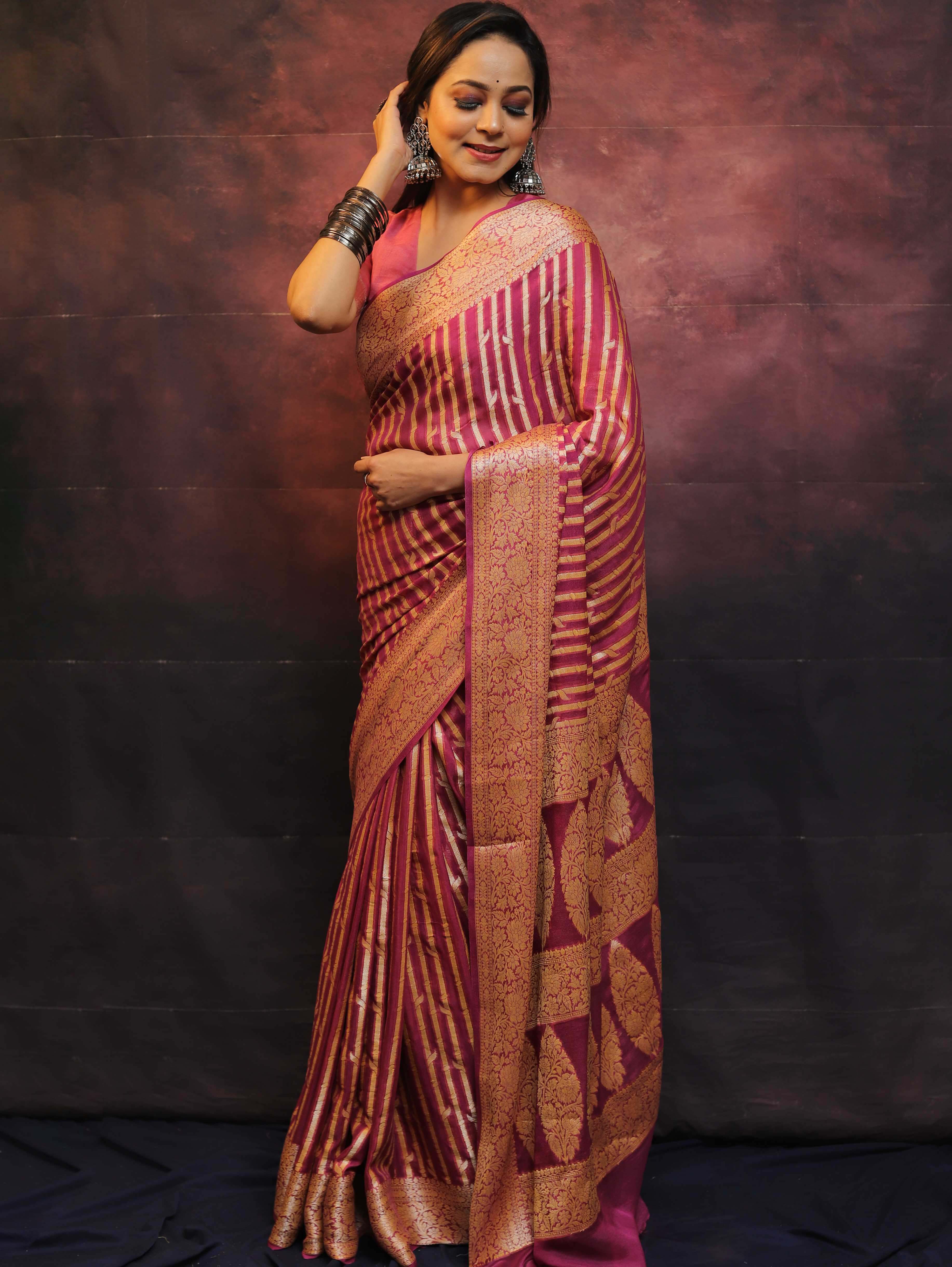 Banarasee Pure Chiffon Saree With Zari Work-Onion Pink