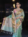 Banarasee Kota Checks Tissue Saree With Zari & Thread Embroidery & Contrast Border-Mint Green & Light Pink