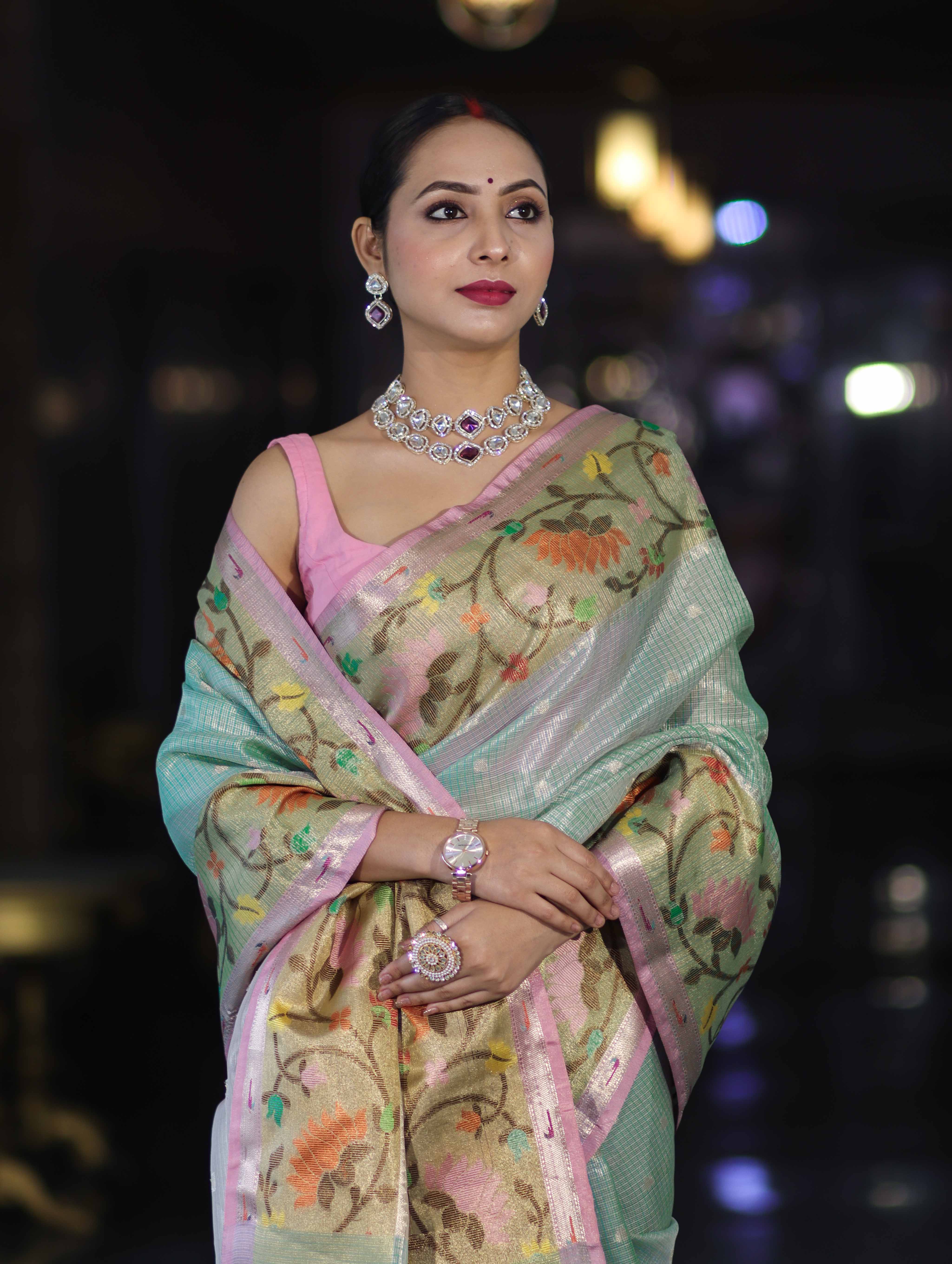 Banarasee Kota Checks Tissue Saree With Zari & Thread Embroidery & Contrast Border-Mint Green & Light Pink