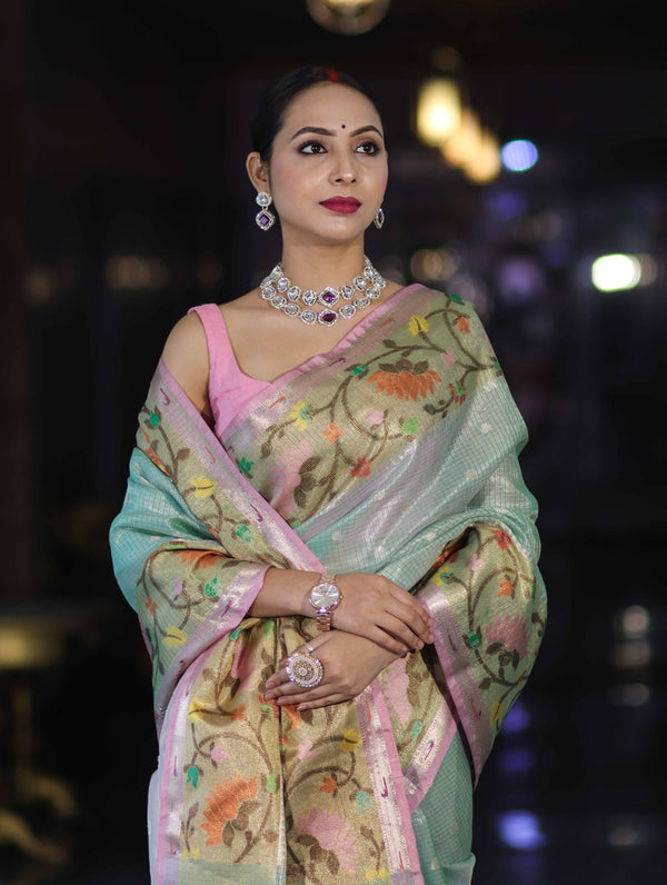 Banarasee Kota Checks Tissue Saree With Zari & Thread Embroidery & Contrast Border-Mint Green & Light Pink