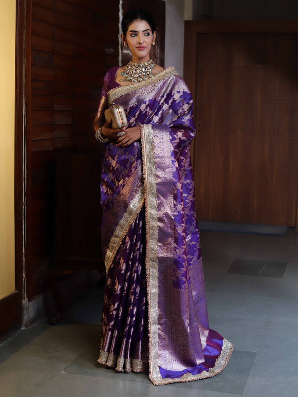Banarasee Handwoven Tissue Saree With Zari Jaal Design Border & Lace-Purple