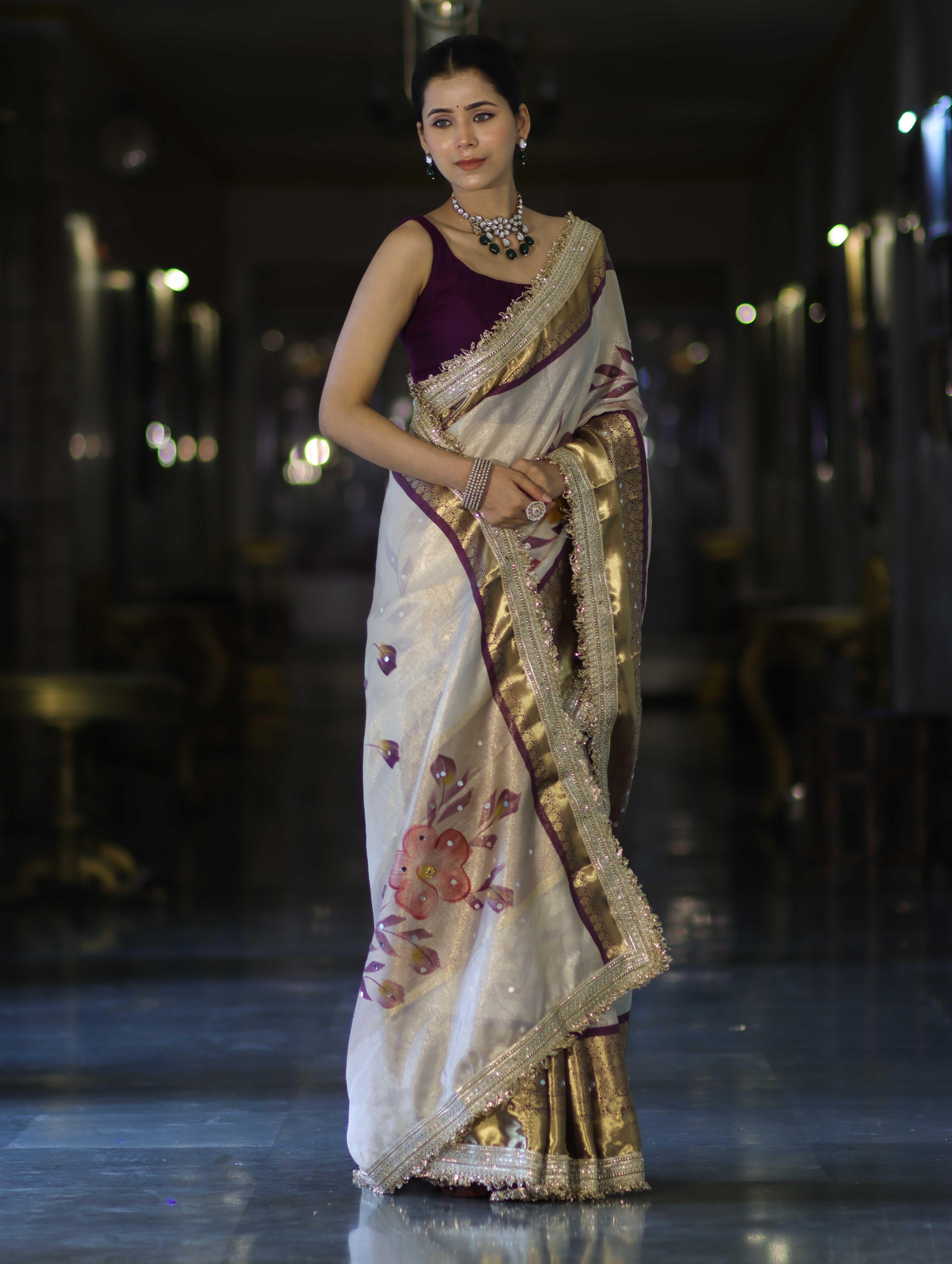 Banarasee Tissue Hand Embroidered Mirror Work Saree With Digital Prints & Lace-Cream & Purple