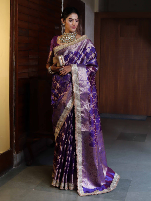 Banarasee Handwoven Tissue Saree With Zari Jaal Design Border & Lace-Purple