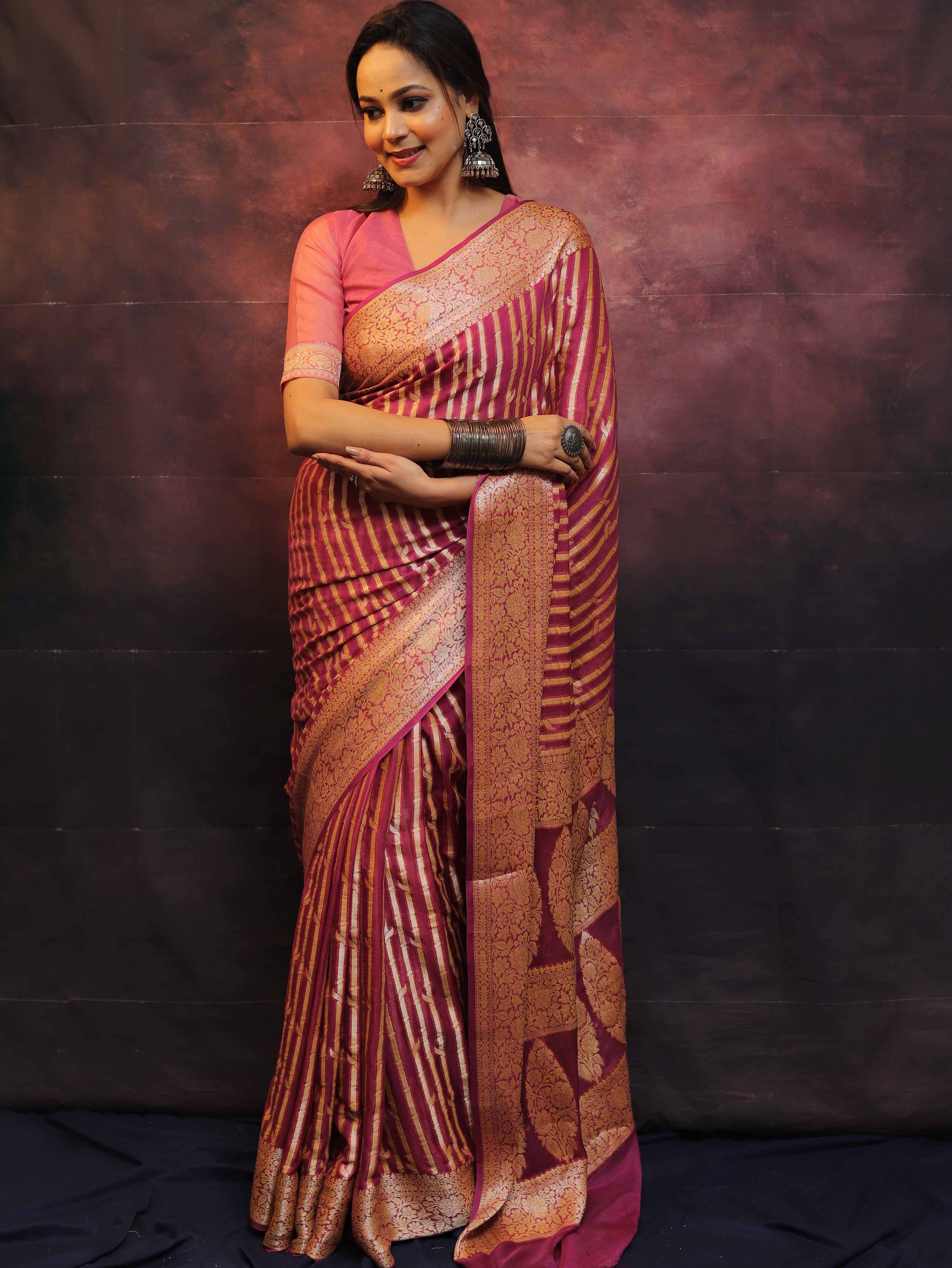 Banarasee Pure Chiffon Saree With Zari Work-Onion Pink