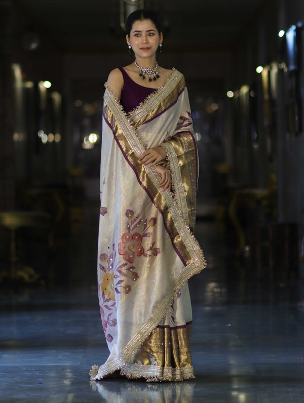 Banarasee Tissue Hand Embroidered Mirror Work Saree With Digital Prints & Lace-Cream & Purple