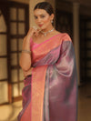 Banarasee Handwoven Tissue Zari Saree With Contrast Broder-Blue & Pink (Dual Tone)