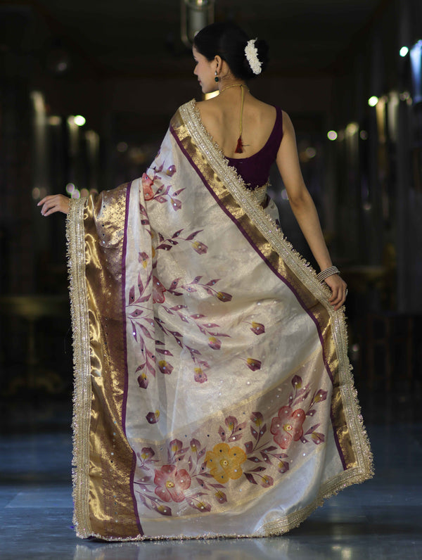 Banarasee Tissue Hand Embroidered Mirror Work Saree With Digital Prints & Lace-Cream & Purple