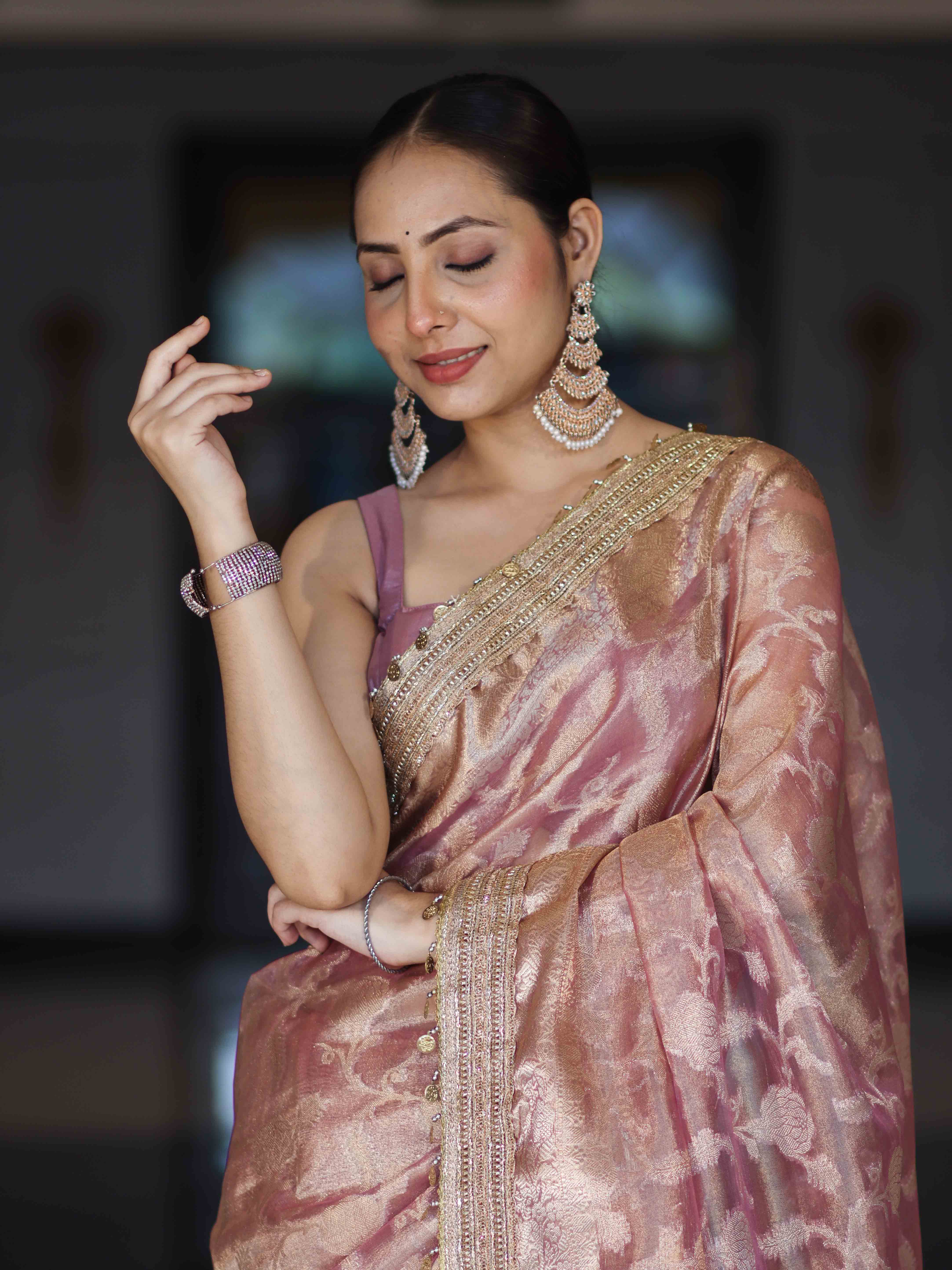 Banarasee Handwoven Tissue Saree With Zari Jaal Work Border & Lace-Onion Pink