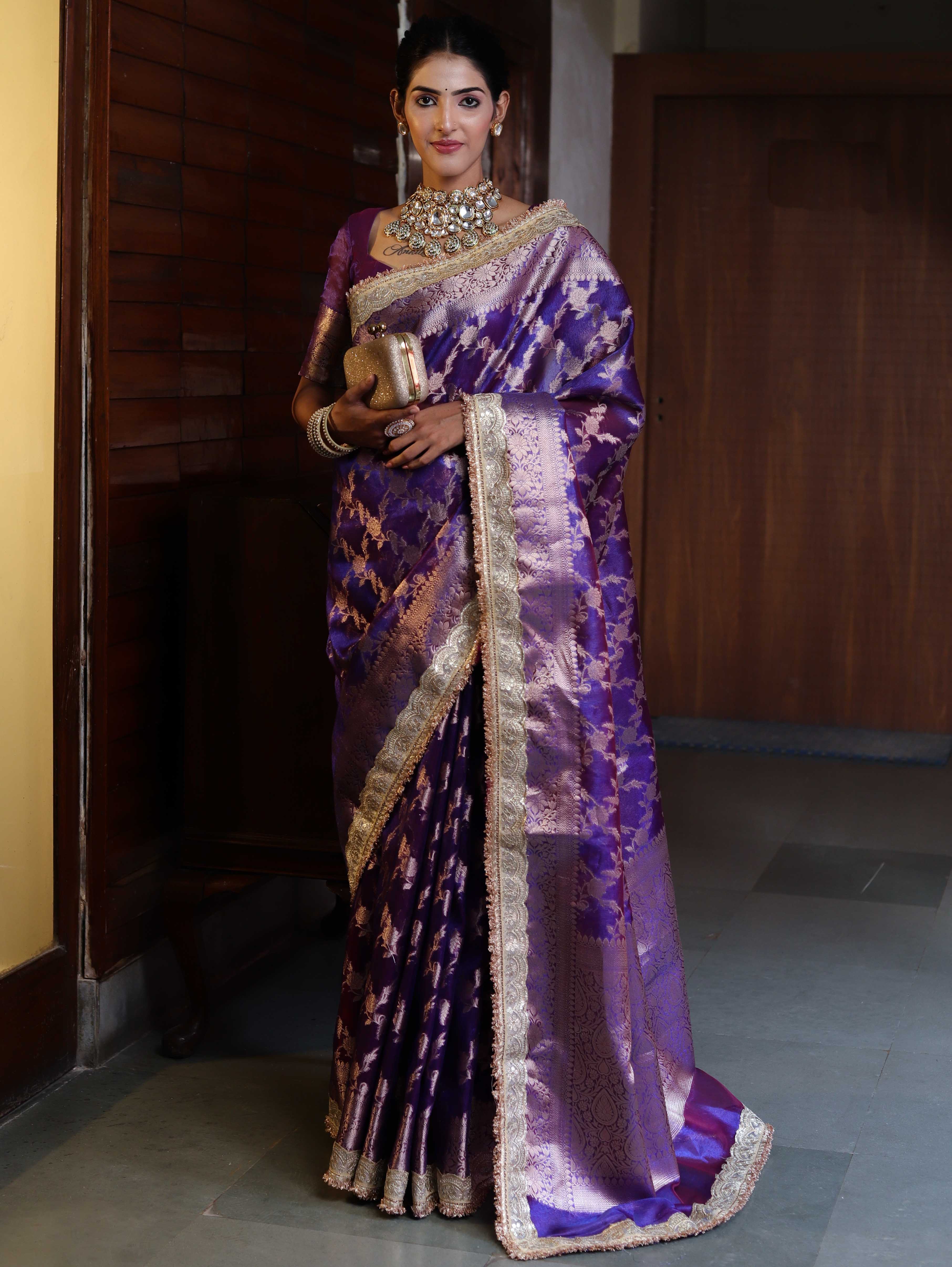 Banarasee Handwoven Tissue Saree With Zari Jaal Design Border & Lace-Purple