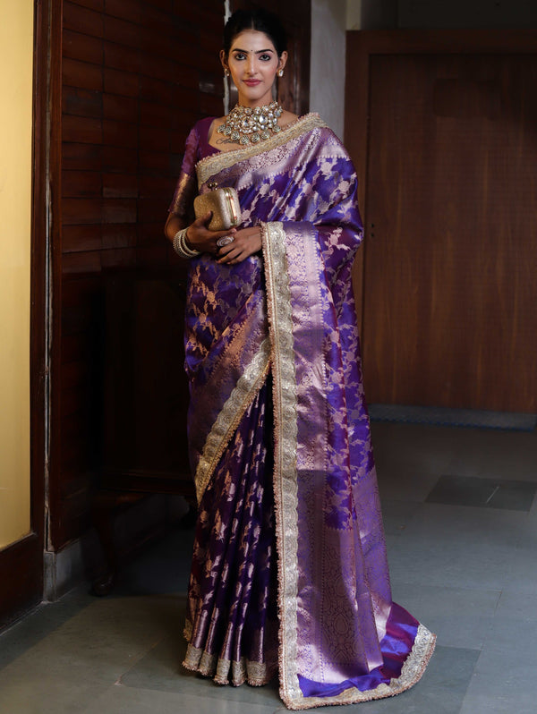 Banarasee Handwoven Tissue Saree With Zari Jaal Design Border & Lace-Purple