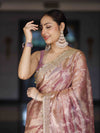 Banarasee Handwoven Tissue Saree With Zari Jaal Work Border & Lace-Onion Pink