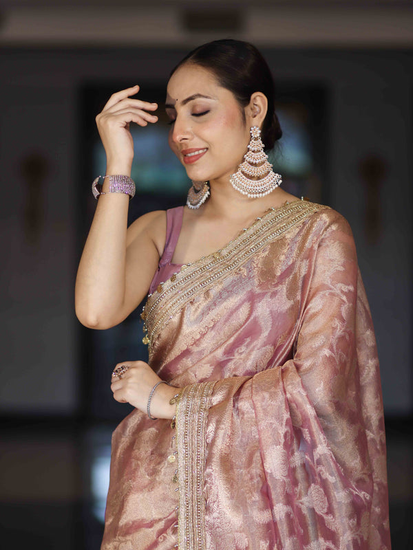 Banarasee Handwoven Tissue Saree With Zari Jaal Work Border & Lace-Onion Pink