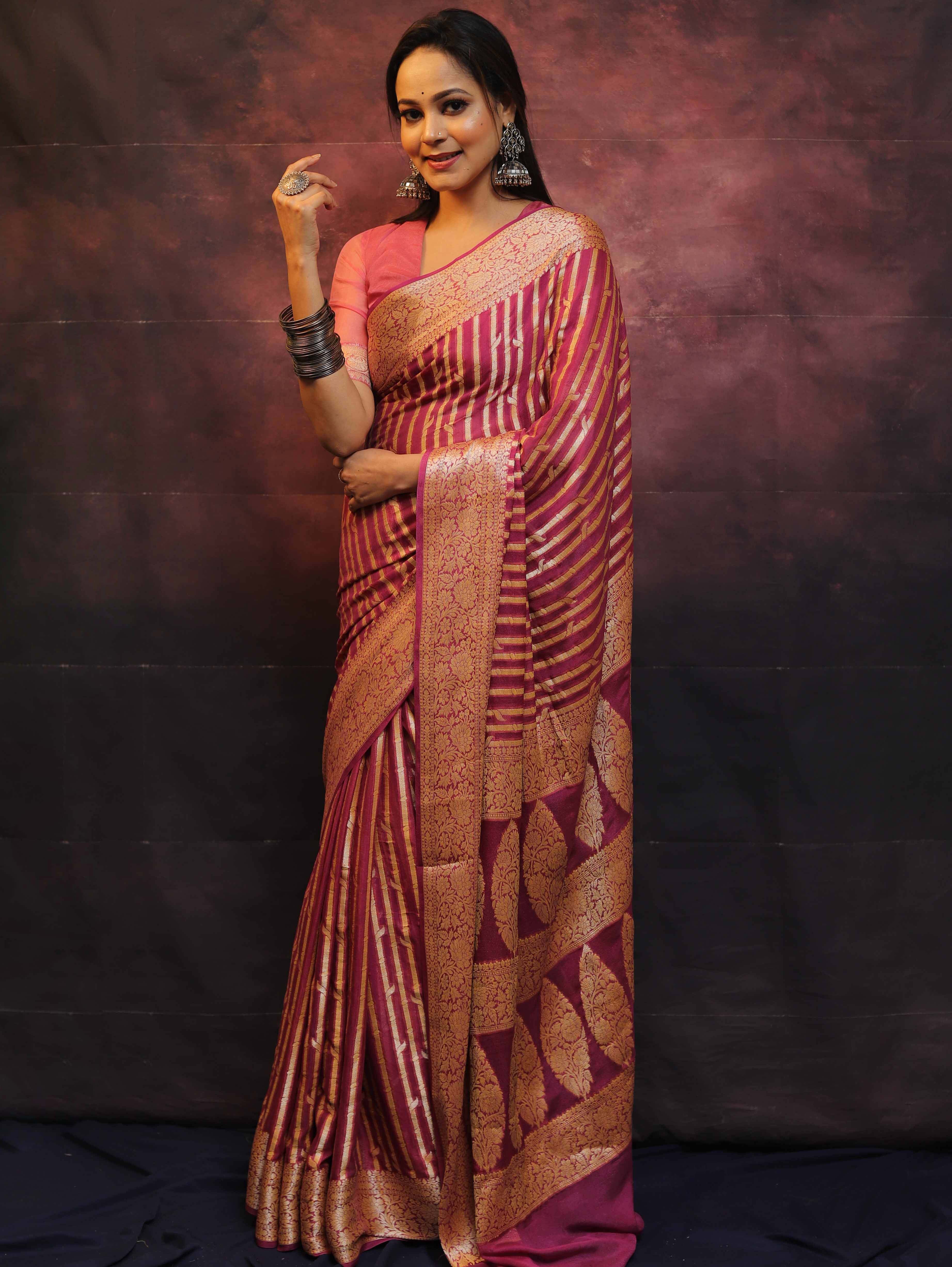 Banarasee Pure Chiffon Saree With Zari Work-Onion Pink