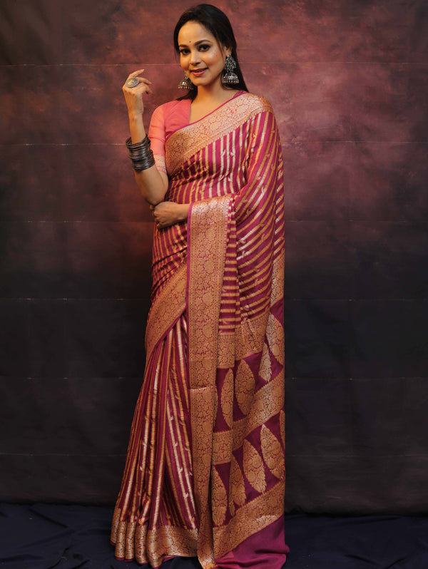 Banarasee Pure Chiffon Saree With Zari Work-Onion Pink