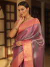 Banarasee Handwoven Tissue Zari Saree With Contrast Broder-Blue & Pink (Dual Tone)