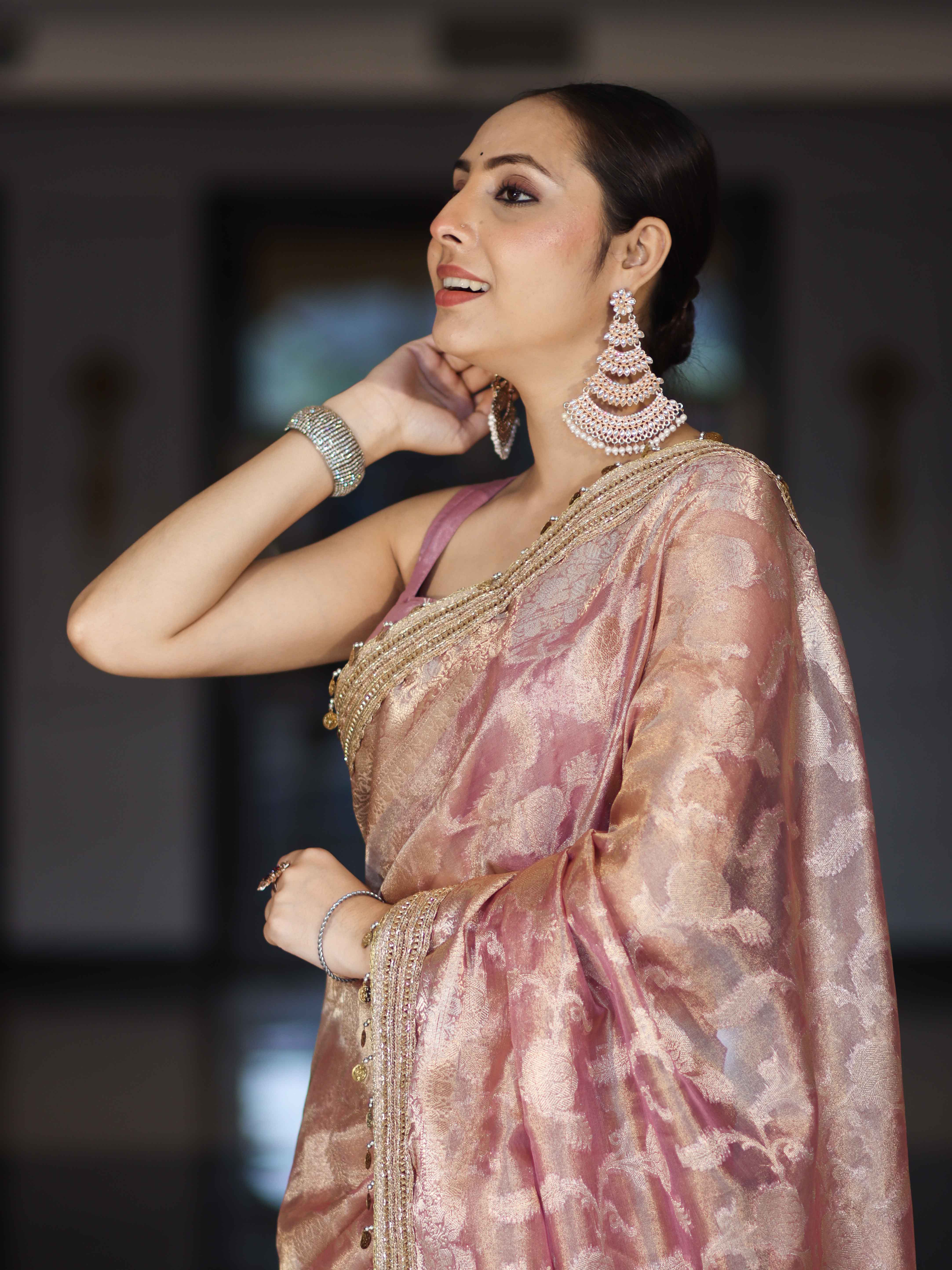 Banarasee Handwoven Tissue Saree With Zari Jaal Work Border & Lace-Onion Pink