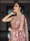 Banarasee Handwoven Tissue Saree With Zari Jaal Work Border & Lace-Onion Pink