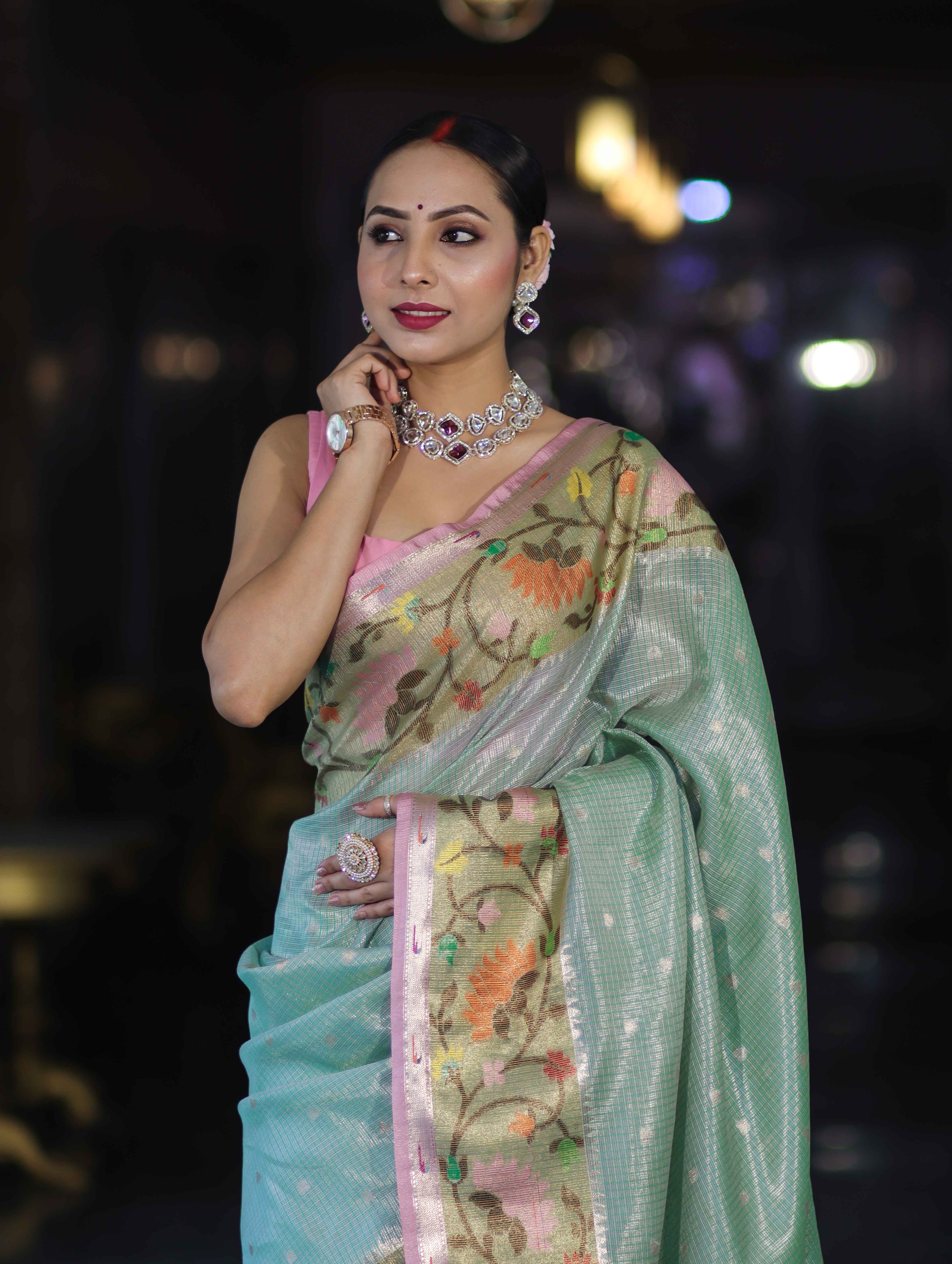 Banarasee Kota Checks Tissue Saree With Zari & Thread Embroidery & Contrast Border-Mint Green & Light Pink