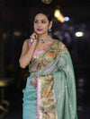 Banarasee Kota Checks Tissue Saree With Zari & Thread Embroidery & Contrast Border-Mint Green & Light Pink