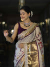 Banarasee Tissue Hand Embroidered Mirror Work Saree With Digital Prints & Lace-Cream & Purple