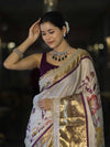 Banarasee Tissue Hand Embroidered Mirror Work Saree With Digital Prints & Lace-Cream & Purple