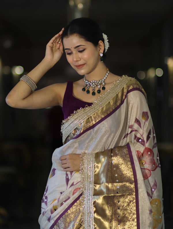 Banarasee Tissue Hand Embroidered Mirror Work Saree With Digital Prints & Lace-Cream & Purple