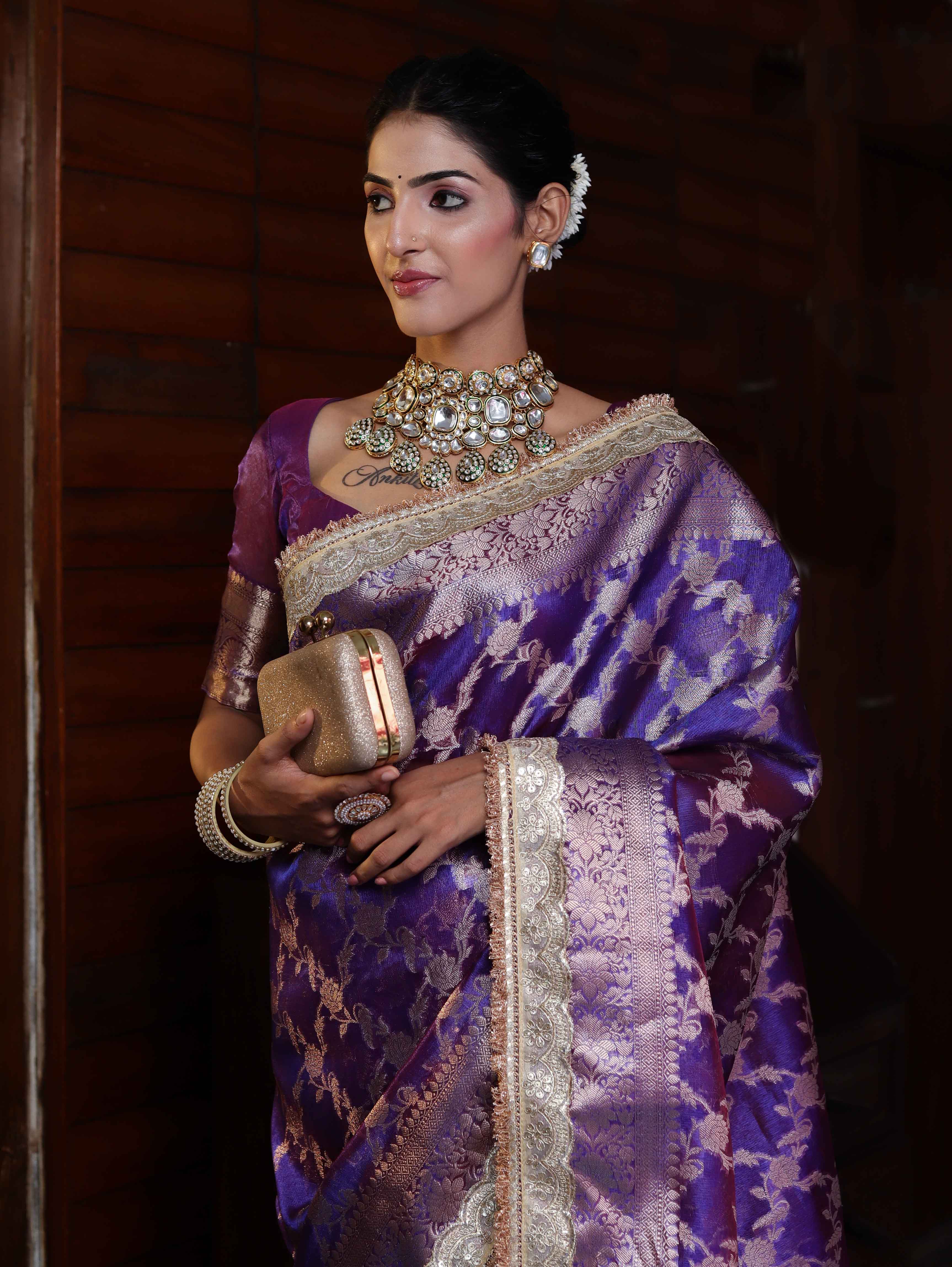 Banarasee Handwoven Tissue Saree With Zari Jaal Design Border & Lace-Purple